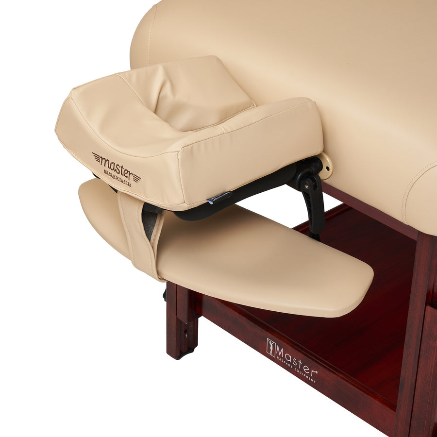Master Massage SPAMASTER table: stationary, beige, wood legs, face cradle & chest support.