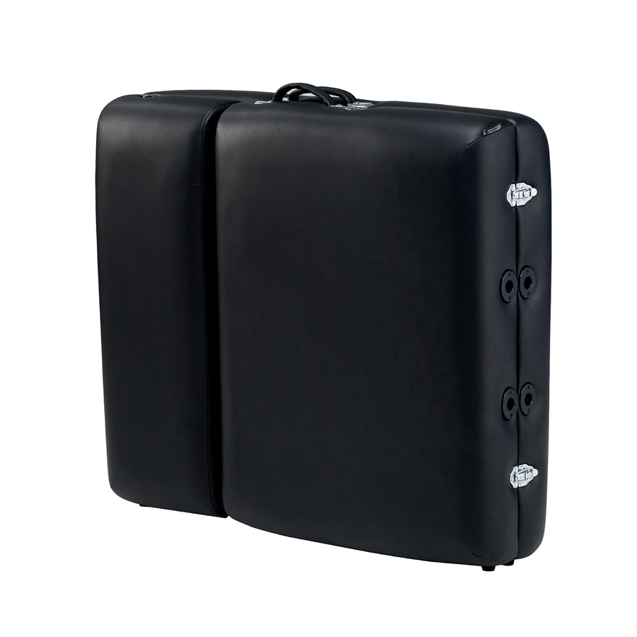 A closed black Master Massage MONTCLAIR Therma Top table case with silver latches and handle.