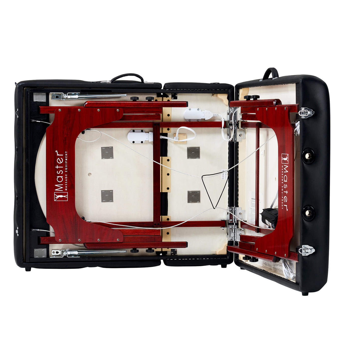 Master Massage MONTCLAIR Therma Top table with exposed wood frame and clasps, top view.