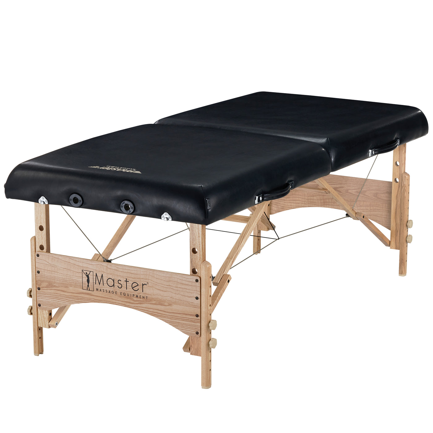 Master Massage HUSKY GIBRALTAR table: black, memory foam, wood legs, Master logo on the side.