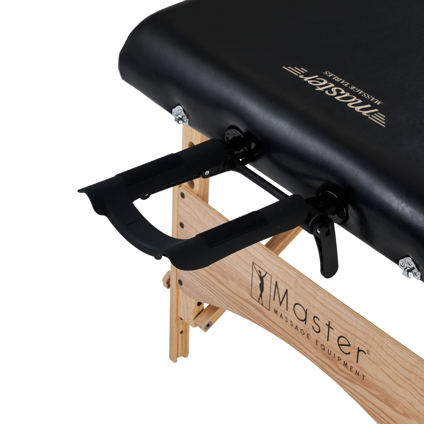 Close-up of the Master Massage HUSKY GIBRALTAR table with black face cradle and wood frame.