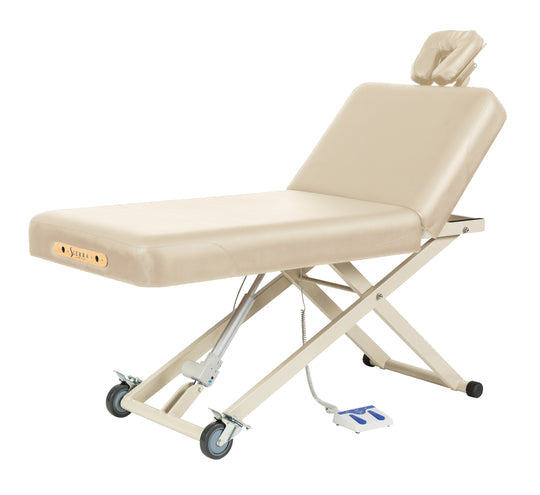 Beige examination table with wheels and control panel on a white background