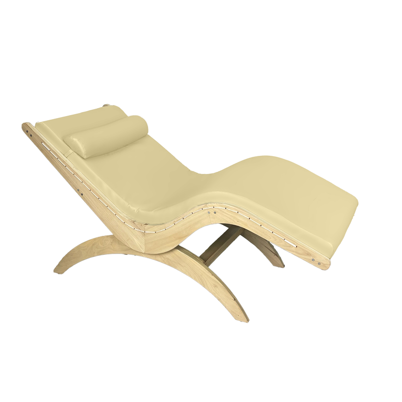 TouchAmerica Touch America S-Lounge with Sound Journey RX, ergonomic beige lounger with wood frame.