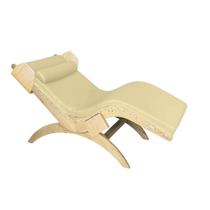 TouchAmerica S-Lounge with Sound Journey RX: Curved wood lounger, beige cushion, zero-gravity comfort.