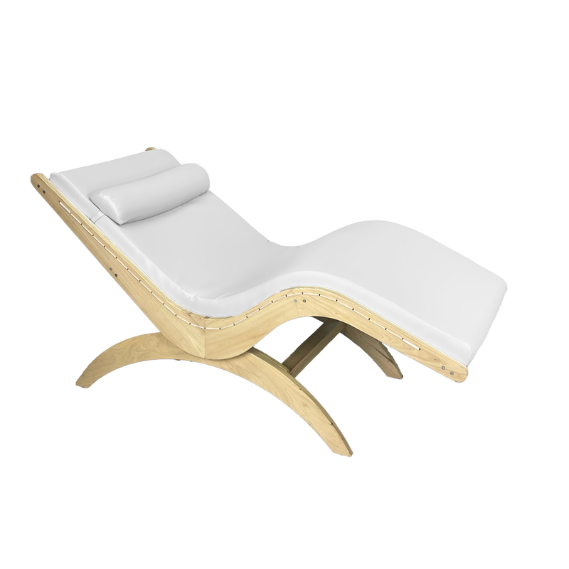 TouchAmerica S-Lounge with Sound Journey RX: wooden lounger with white cushion and headrest.