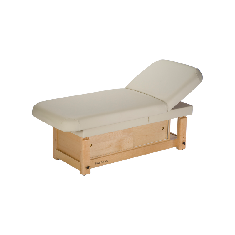 TouchAmerica STATIONARY FACE & BODY Table with adjustable backrest and solid maple base, beige.