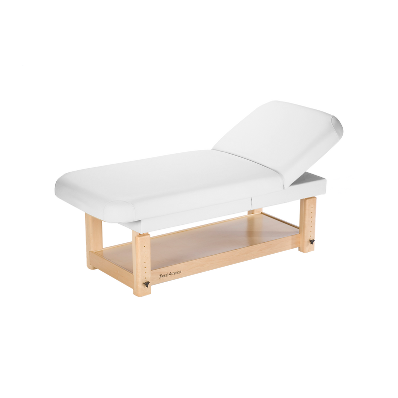 TouchAmerica STATIONARY FACE & BODY Table with adjustable backrest and shelf, maple frame.