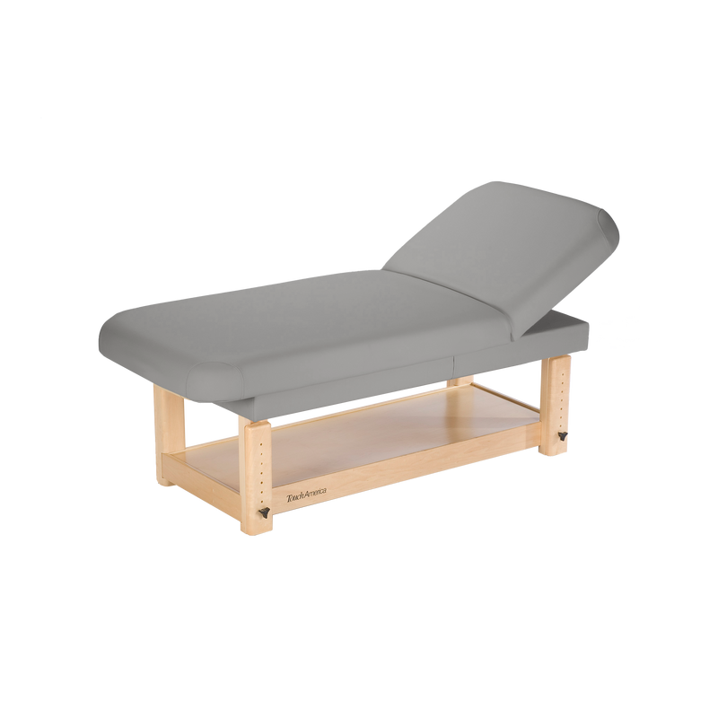 TouchAmerica STATIONARY FACE & BODY Treatment Table with solid maple frame and storage shelf.