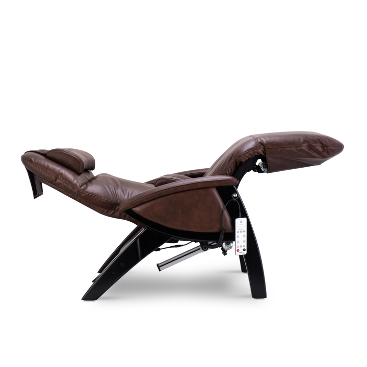 Svago ZGR Zero Gravity Recliner in brown leather, shown fully reclined with remote control.