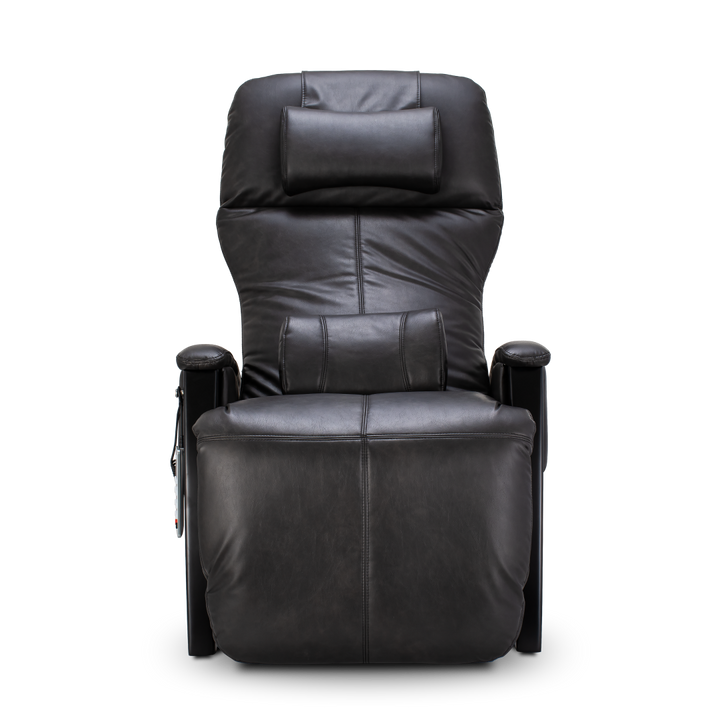 Svago ZGR Zero Gravity Recliner in black vegan hyde, with armrests and headrest, front view.