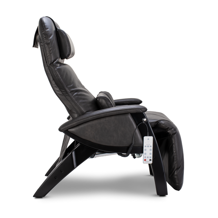 Svago ZGR Zero Gravity Recliner by Svago, black vegan hyde, remote, side profile view.