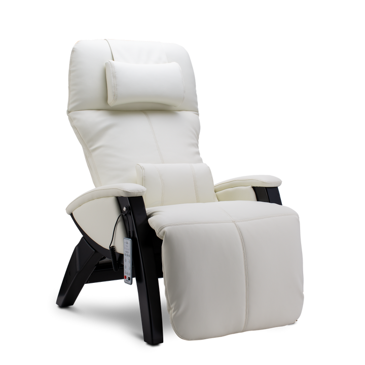 Svago ZGR zero gravity recliner in white vegan hyde, black frame, with remote, angled view.