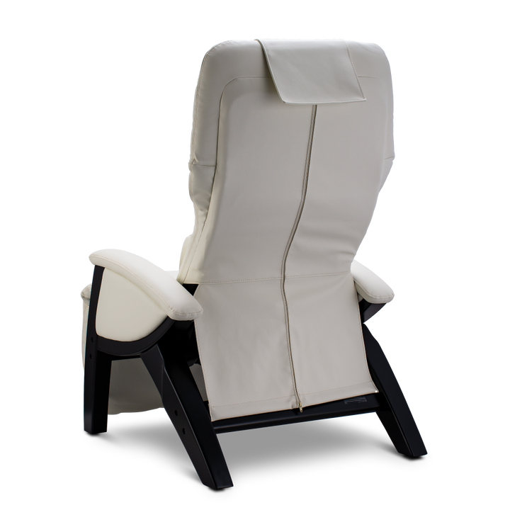 Svago ZGR Zero Gravity Recliner with light vegan hyde and dark wood legs, rear view.