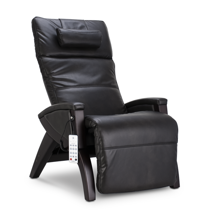 Svago Newton Zero Gravity Recliner: black leather, wood arms, padded headrest, remote control.