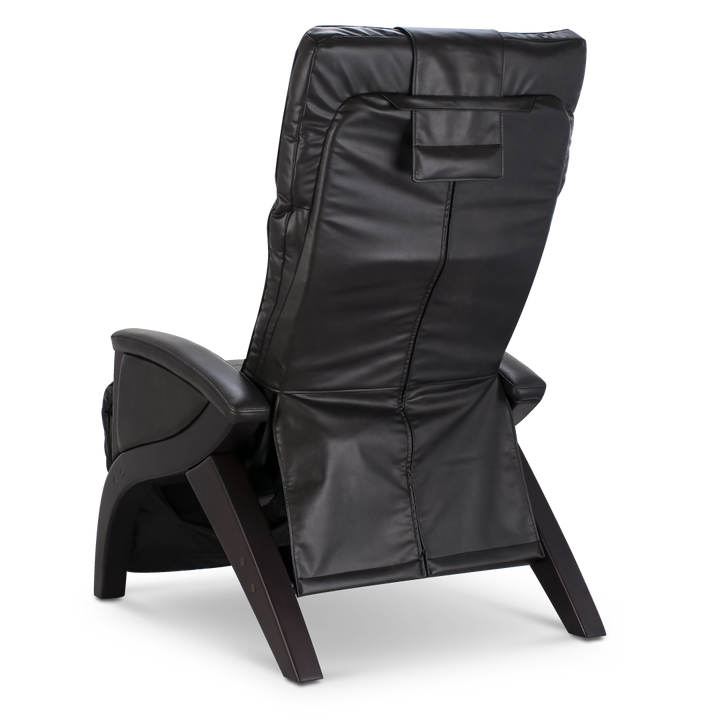 Svago Newton Zero Gravity Recliner, black memory foam, wood legs and arms, rear view.