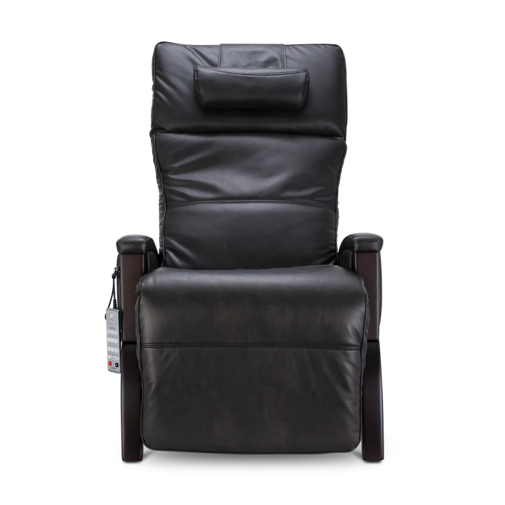 Front view of the Svago Newton Zero Gravity Recliner in black with padded armrests and remote.