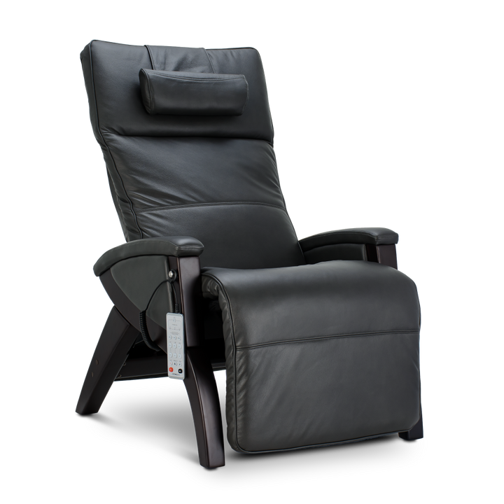 Svago Newton black leather zero gravity recliner with headrest and left-arm remote control.