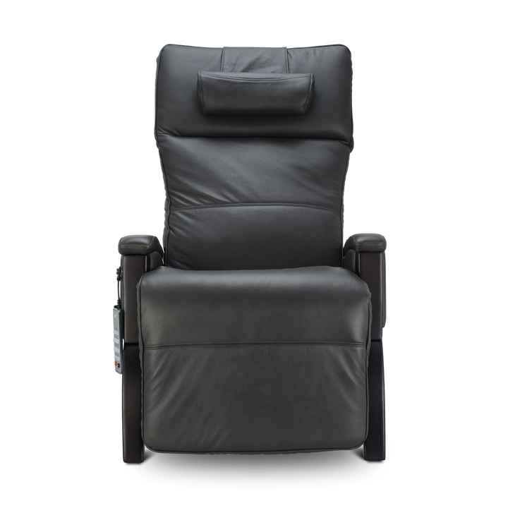 Svago Newton Zero Gravity Recliner in black leather with headrest, front view, plain background.
