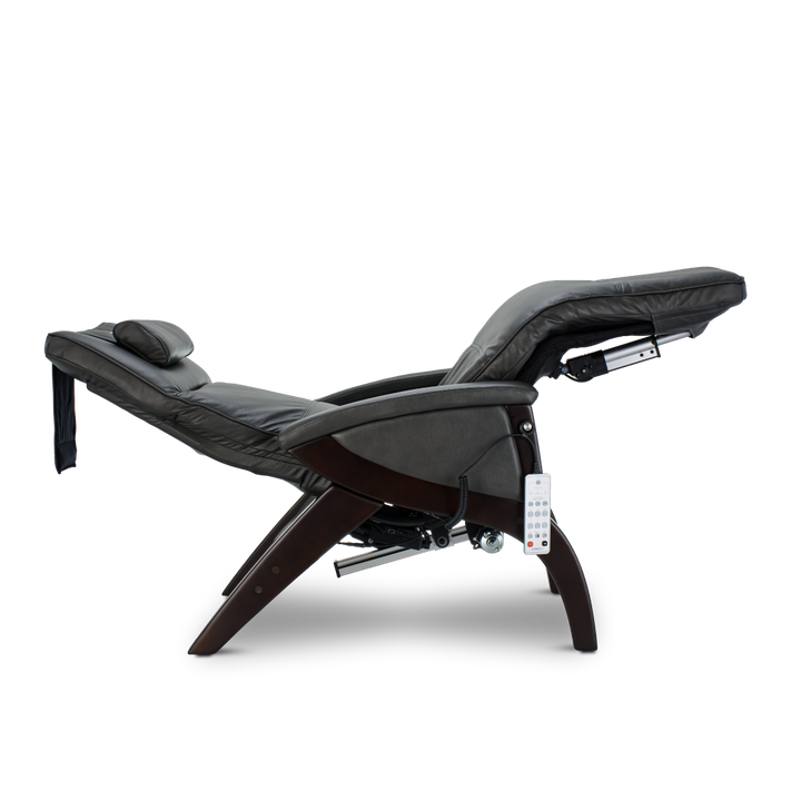 Side view of the Svago Newton Zero Gravity Recliner in black with wooden legs and remote control.