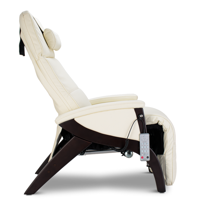 Svago Newton Zero Gravity Recliner in cream with dark wood frame and remote control attached.