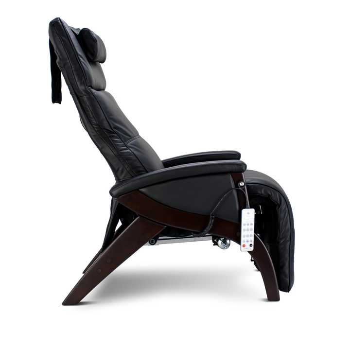 Svago Newton Zero Gravity Recliner by Svago—black leather, memory foam, wood legs, remote control.