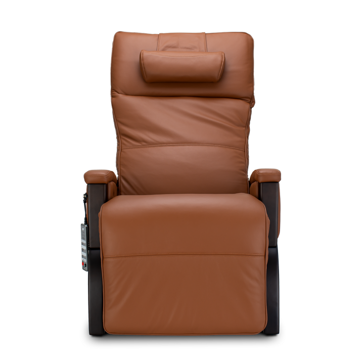 Svago Newton Zero Gravity Recliner by Svago in brown leather, front view, plain background.