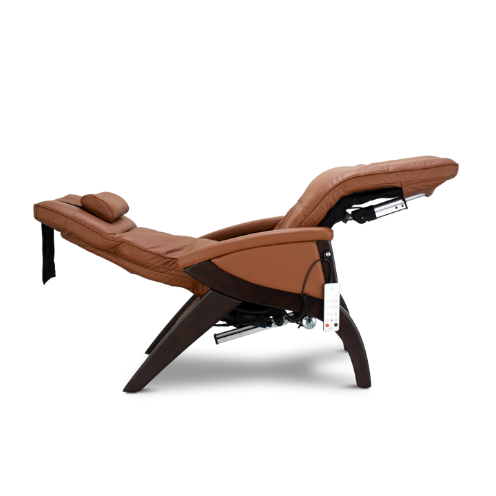 Svago Newton Zero Gravity Recliner by Svago in brown leather with remote, reclined on wood frame.