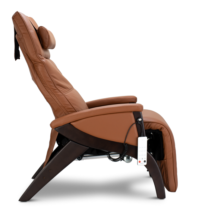 Side view of Svago Newton Zero Gravity Recliner by Svago with remote in zero gravity position.