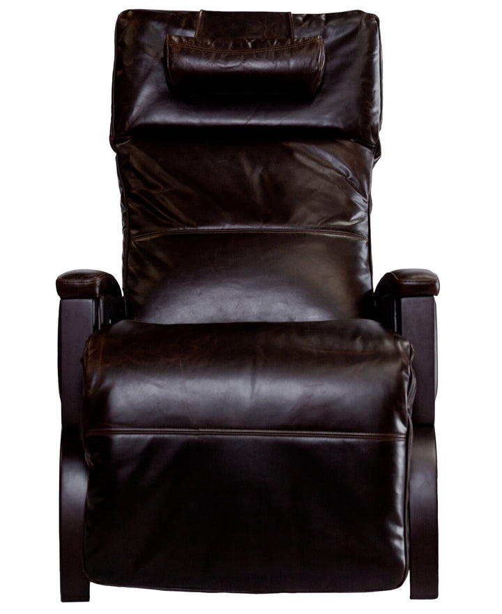 Front view of the Svago Newton Zero Gravity Recliner by Svago in dark brown with armrests and headrest.