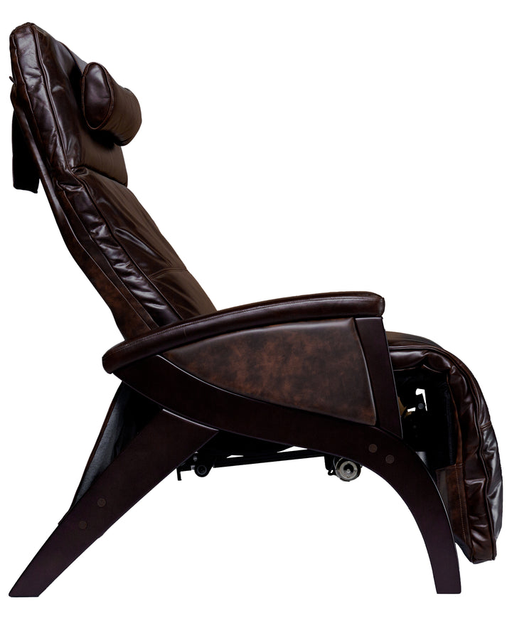 Side view of the Svago Newton Zero Gravity Recliner by Svago with wooden frame and headrest.