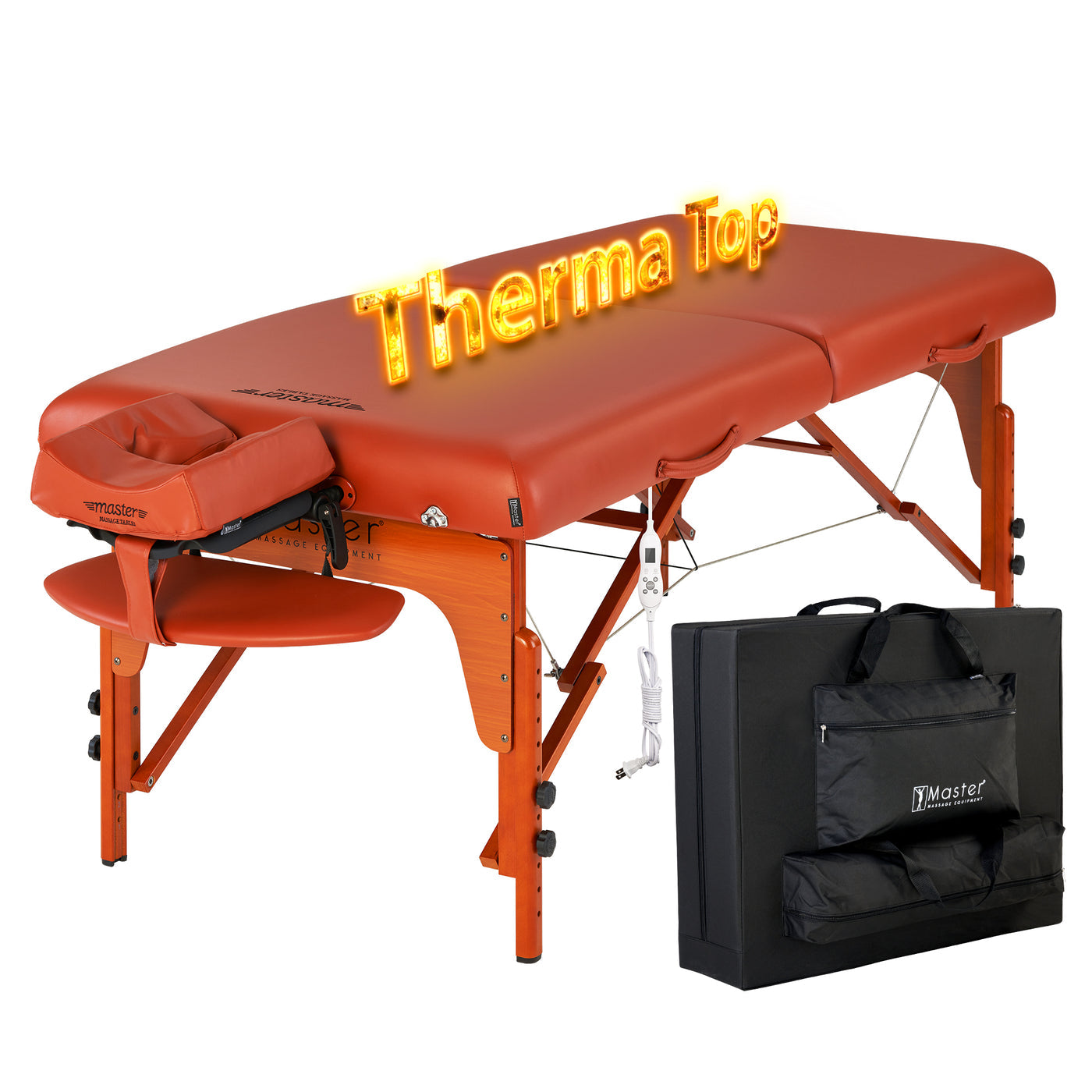 Master Massage SANTANA Therma-Top portable table with black case shown in front.