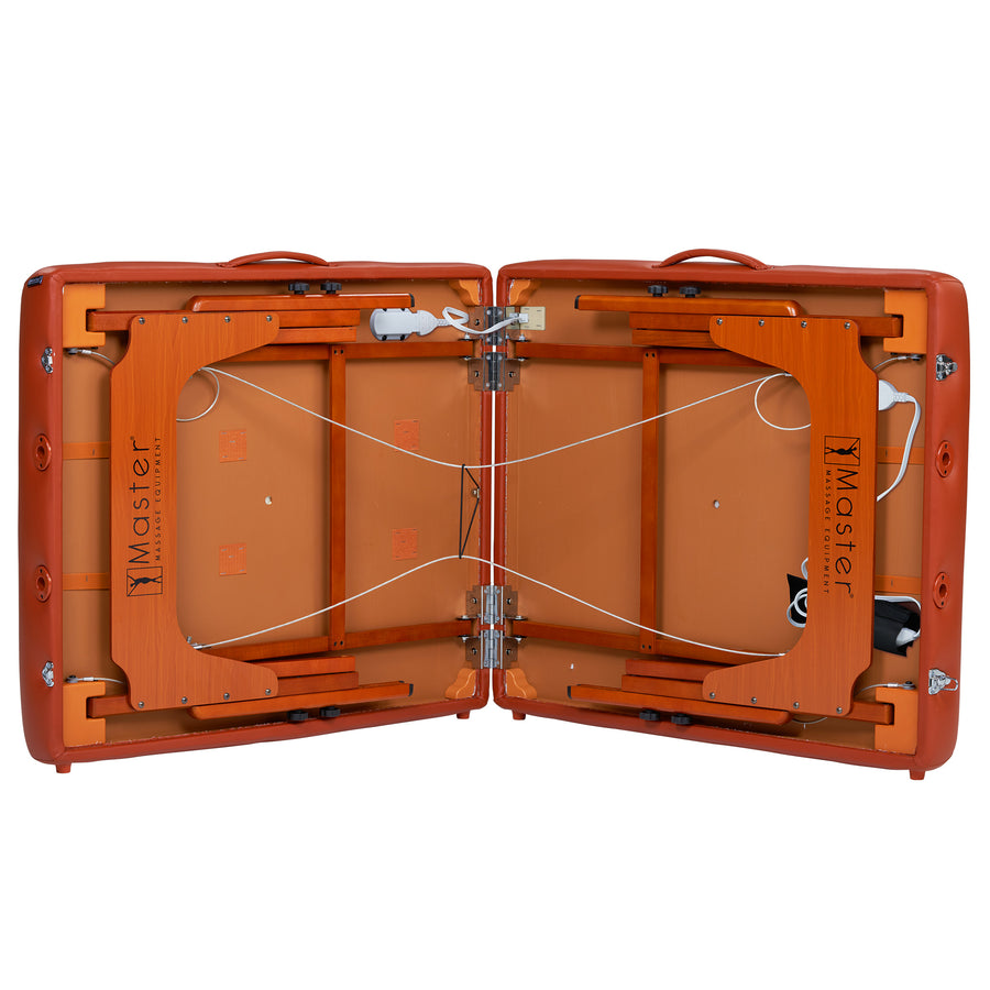 Master Massage SANTANA Therma-Top table’s underside shows wood frame, hinges, and memory foam.