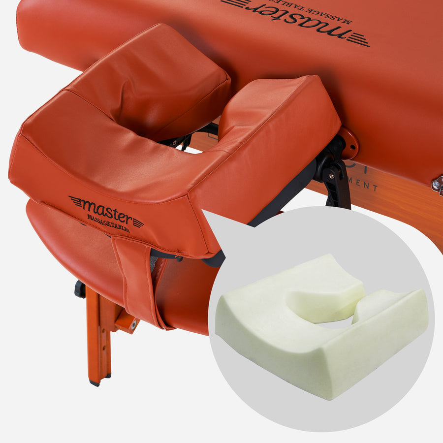 Master Massage SANTANA Therma-Top table with face cradle, plus white memory foam cushion inset.