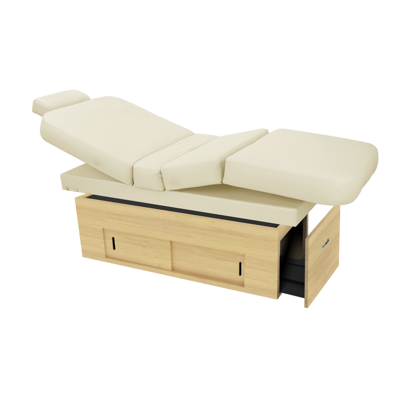 TouchAmerica SANYA POWERTILT massage table with wood base and storage drawers, on white background.