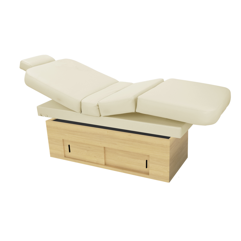 TouchAmerica SANYA POWERTILT motorized massage table with wood base—ideal for spa therapies.
