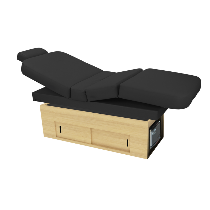 TouchAmerica SANYA POWERTILT massage table with wood base and black cushion for spas.