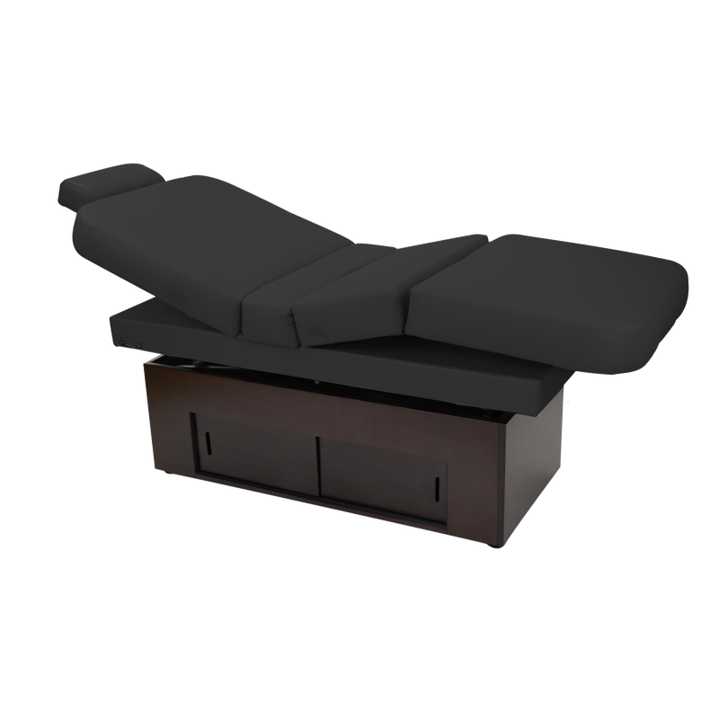 TouchAmerica SANYA POWERTILT massage table: black, dark wood base, storage compartments.