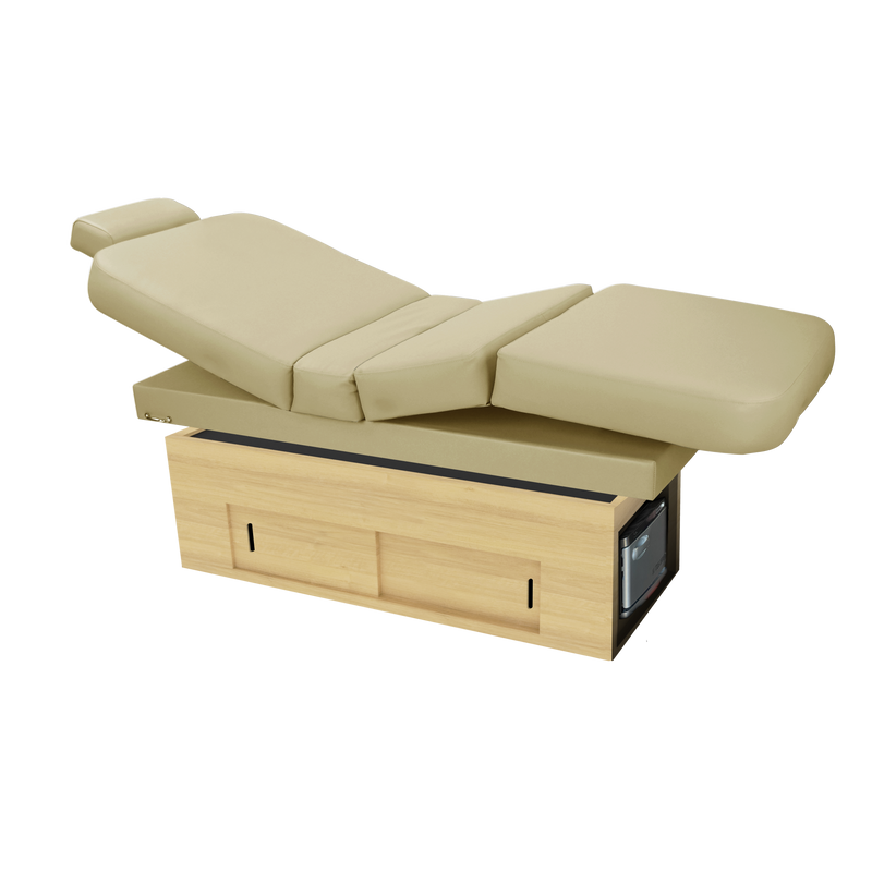 TouchAmerica SANYA POWERTILT beige massage table with wood base, perfect for any spa setup.