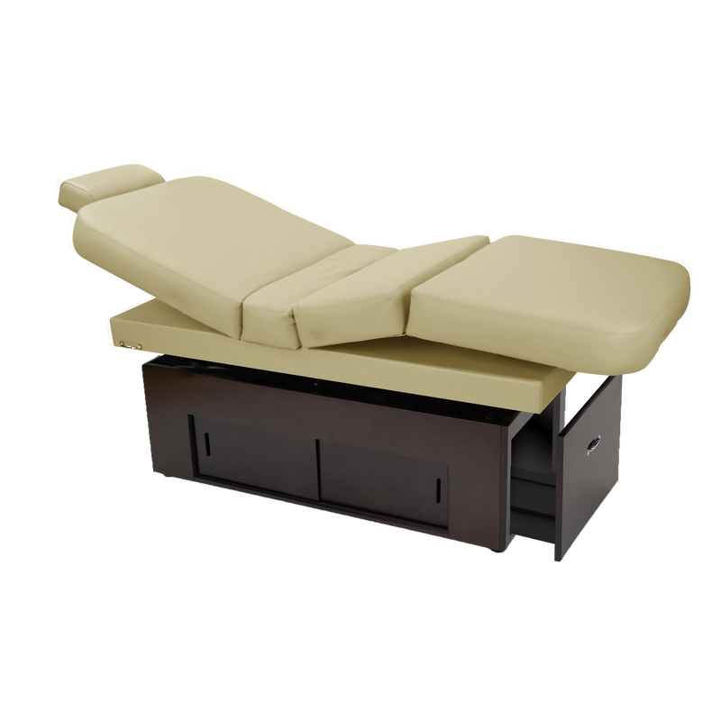 TouchAmerica SANYA POWERTILT massage table, beige cushion, dark wood base, fully reclined.