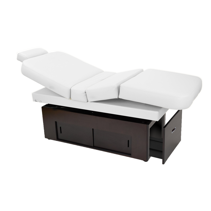 TouchAmerica SANYA POWERTILT massage table with wood base and storage drawers, on white.