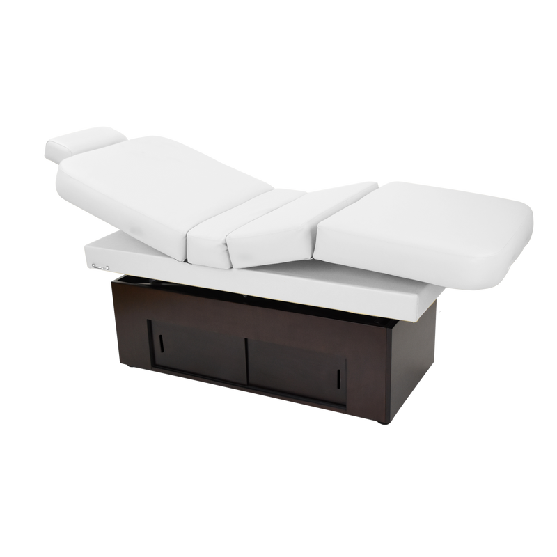 TouchAmerica SANYA POWERTILT Massage Table with cushioned sections and dark wood base.