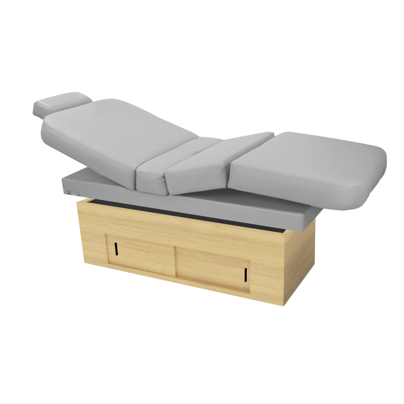 TouchAmerica SANYA POWERTILT gray massage table with adjustable sections and wood base.