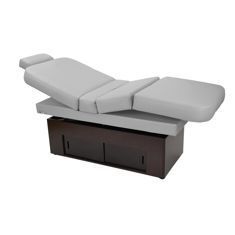 TouchAmerica SANYA POWERTILT massage table with wood base shown in reclined spa position.