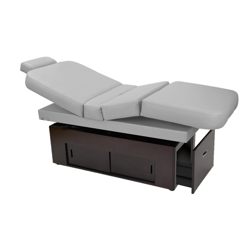 TouchAmerica SANYA POWERTILT massage table with wood base, side view.