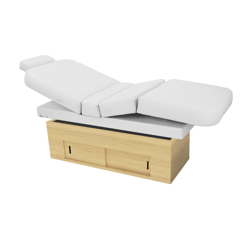 TouchAmerica SANYA POWERTILT motorized massage table with wood base, ideal for spas.