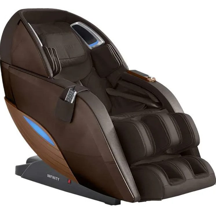Brown massage chair with wooden accents on a white background