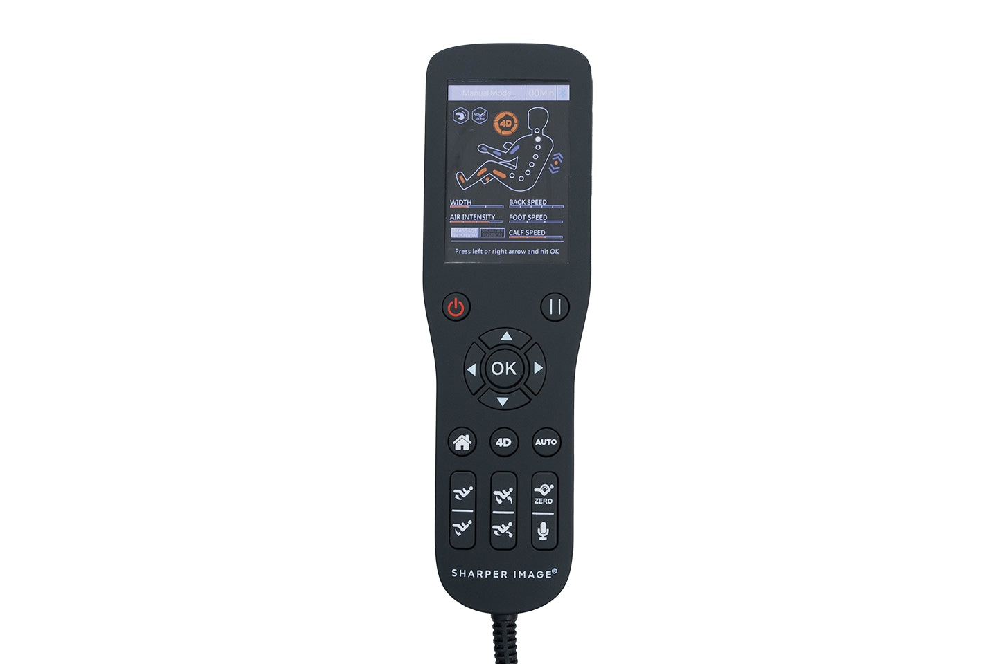 Sharper Image Axis 4D Massage Chair remote displays settings and a body diagram on its screen.