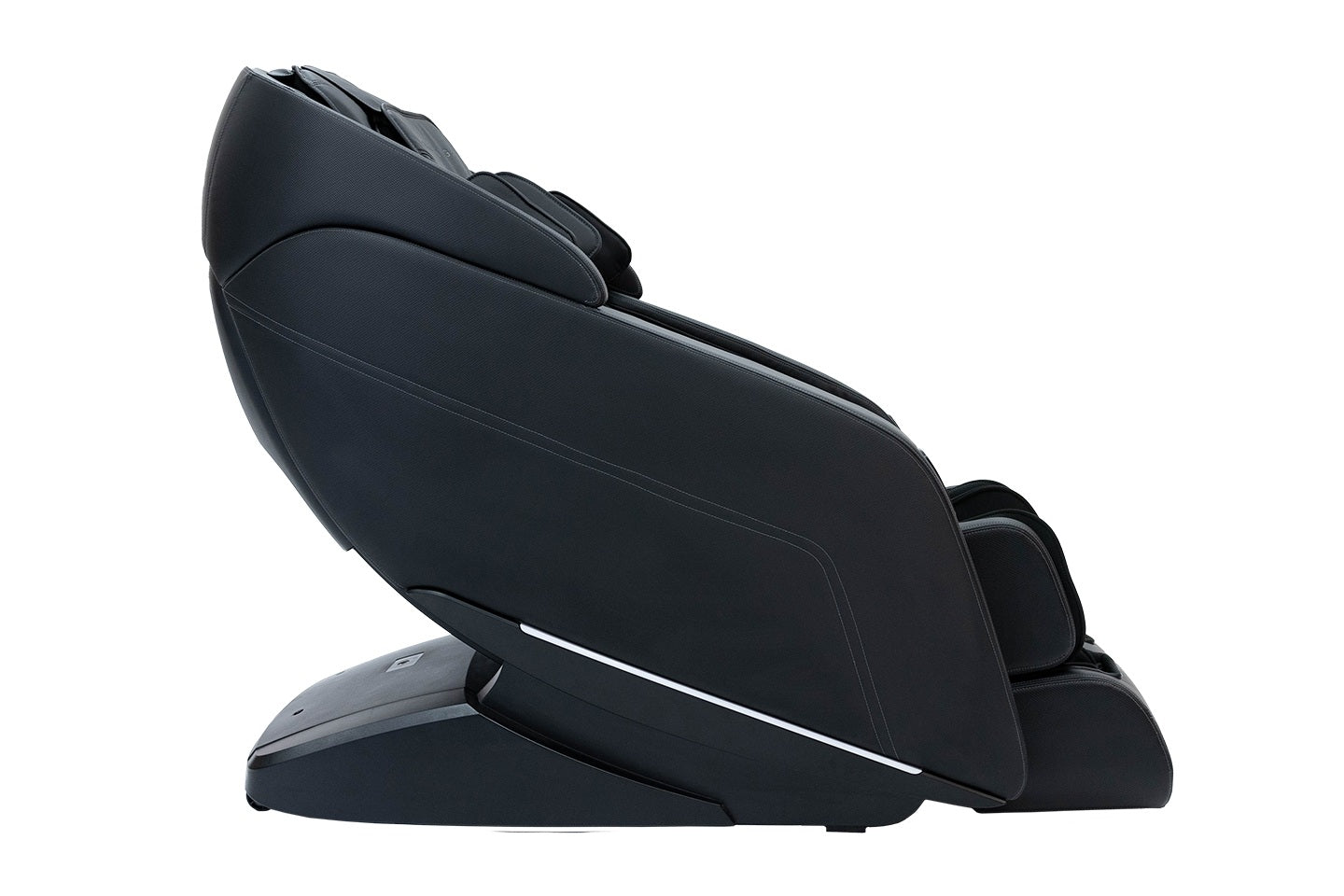 Sharper Image Axis 4D Massage Chair in black, side view, with calf massage, on white background.