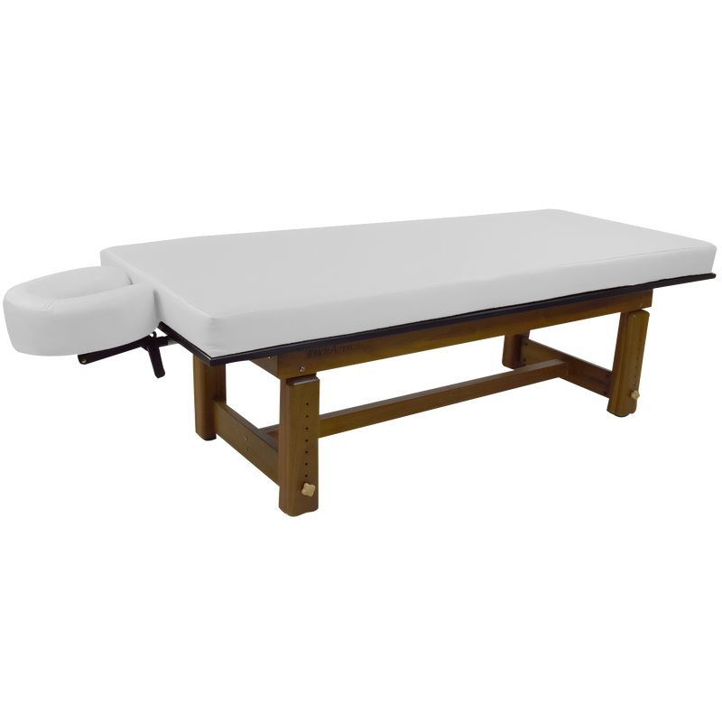TouchAmerica SOLTERRA Teak Outdoor Treatment Table with white padding and face cradle.
