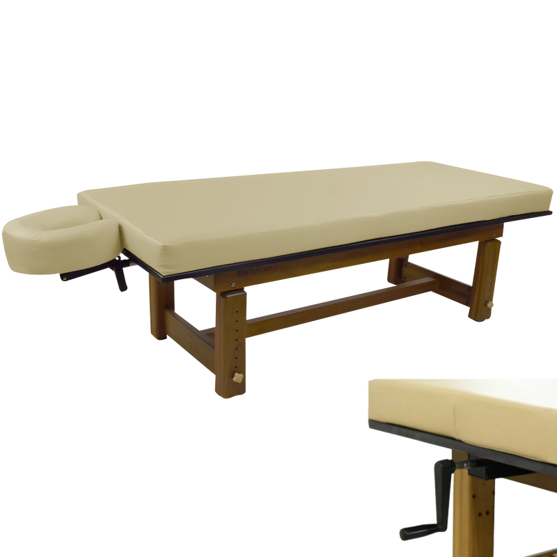 TouchAmerica SOLTERRA teak table: beige, solid wood, outdoor use, adjustable face cradle.